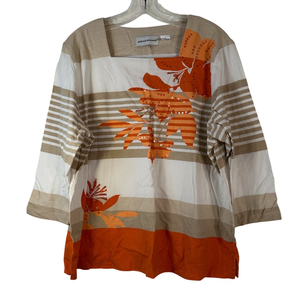 Alfred Dunner Womens XL Orange Tan Striped Floral Sequin Square Neck Top